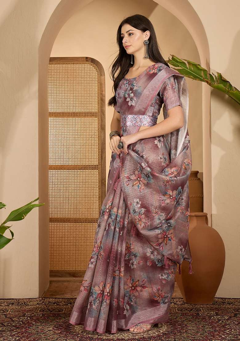Dusty Pink Printed Linen Saree Set - Indya