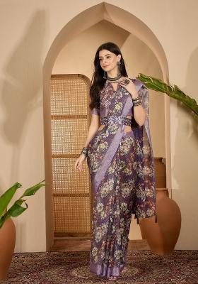 Purple Printed Linen Saree Set
