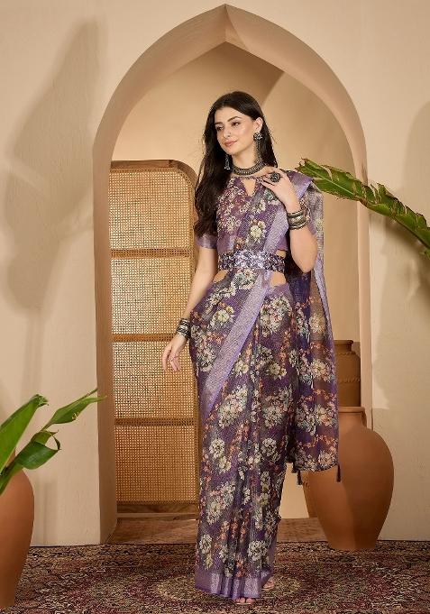 Purple Printed Linen Saree Set