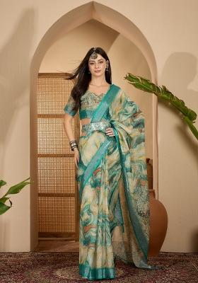Teal Printed Linen Saree Set