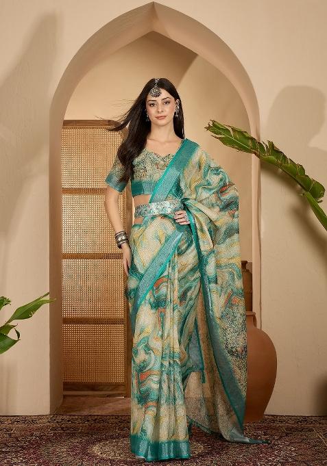Teal Printed Linen Saree Set