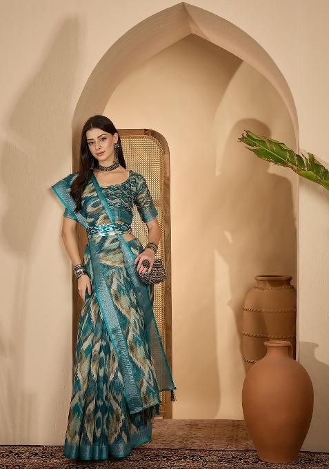 Teal Printed Linen Saree Set