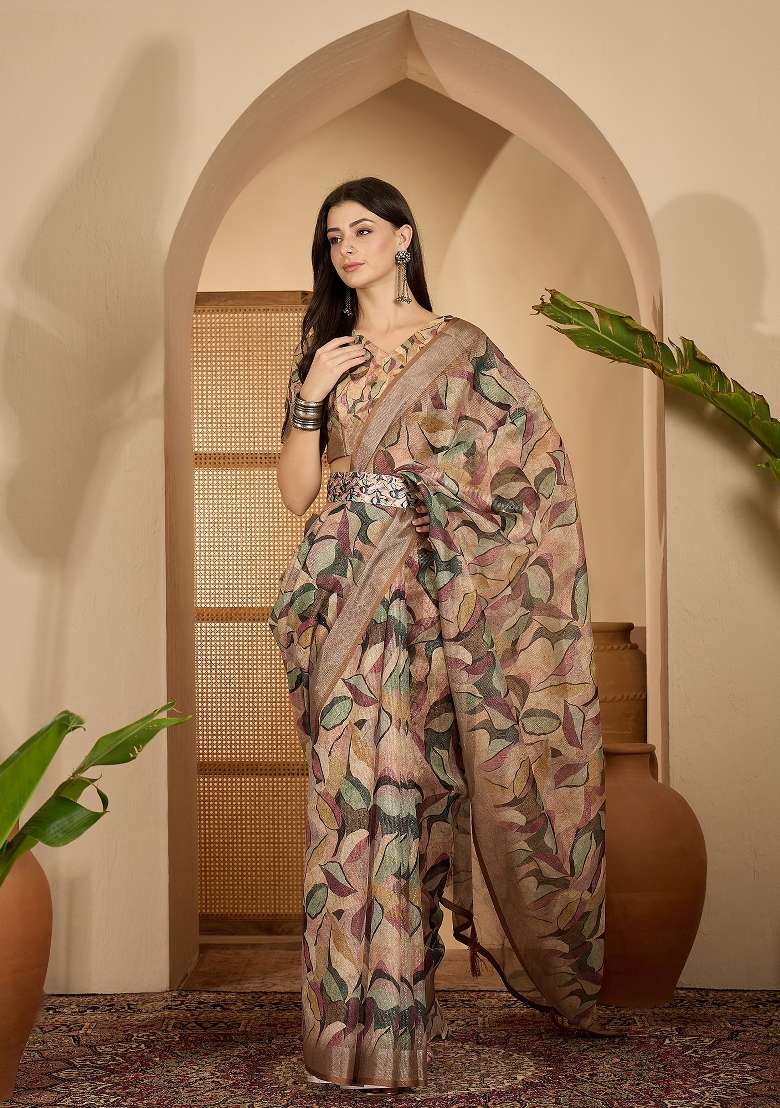 Beige Printed Linen Saree Set - Indya