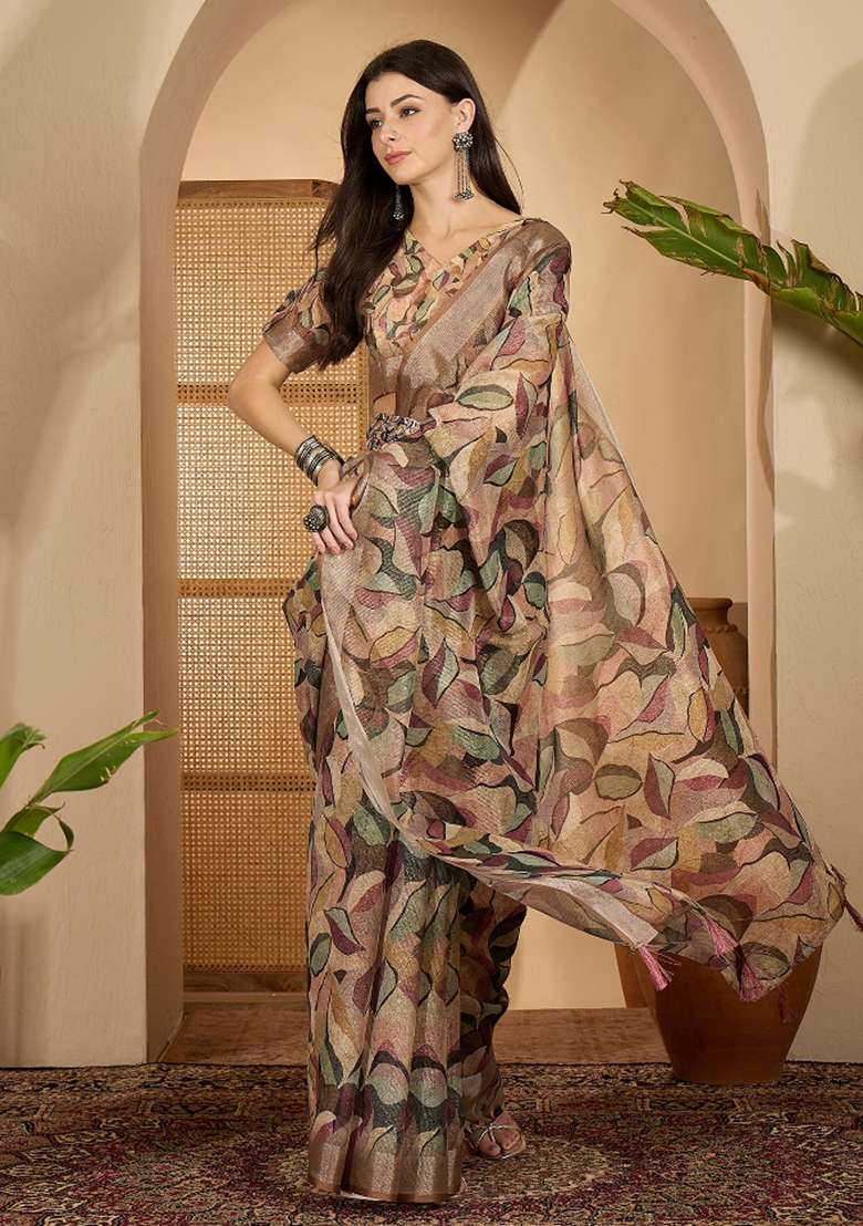 Beige Printed Linen Saree Set - Indya