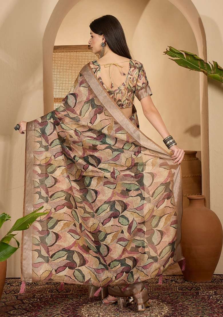 Beige Printed Linen Saree Set - Indya