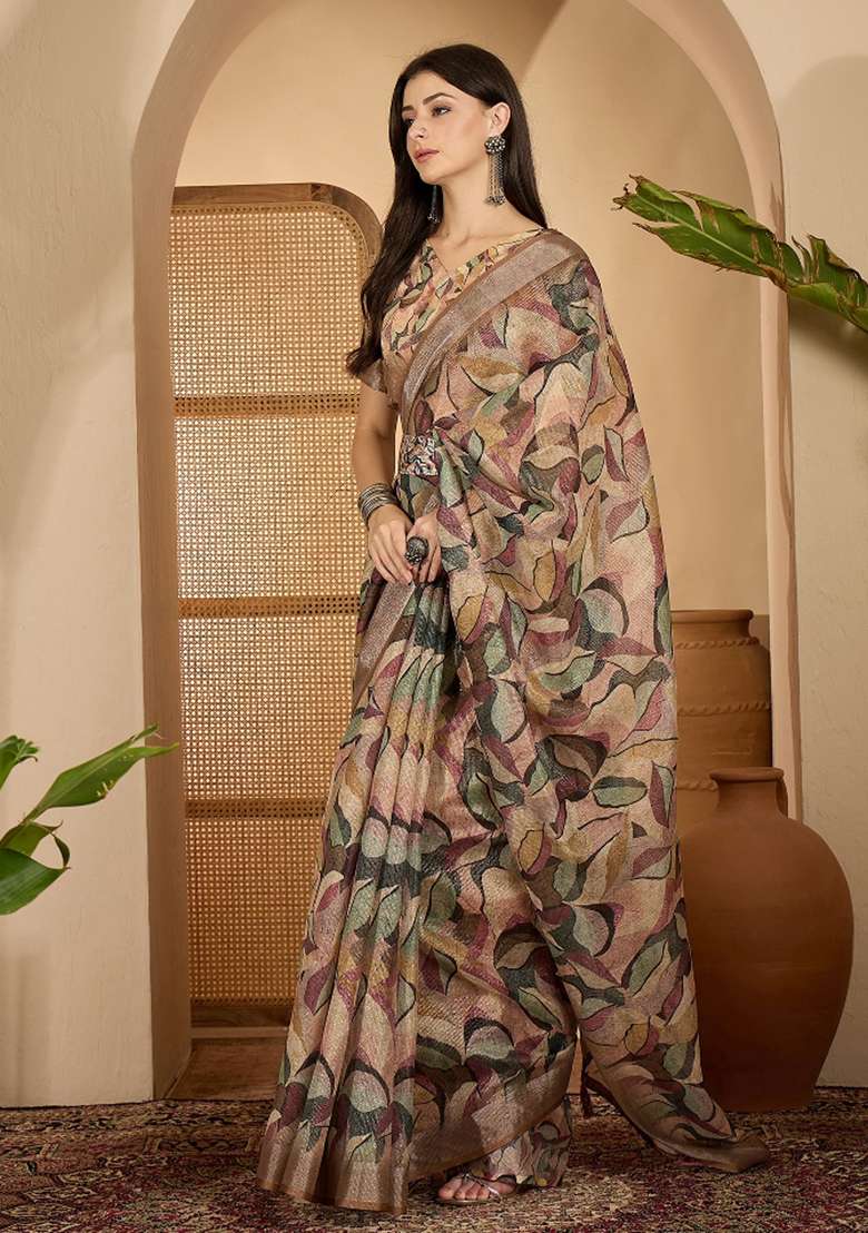 Beige Printed Linen Saree Set - Indya