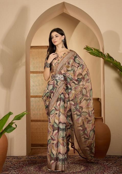 Beige Printed Linen Saree Set