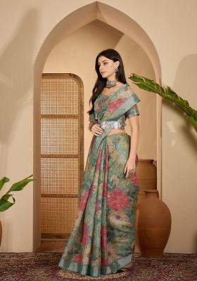 Mint Green Printed Linen Saree Set