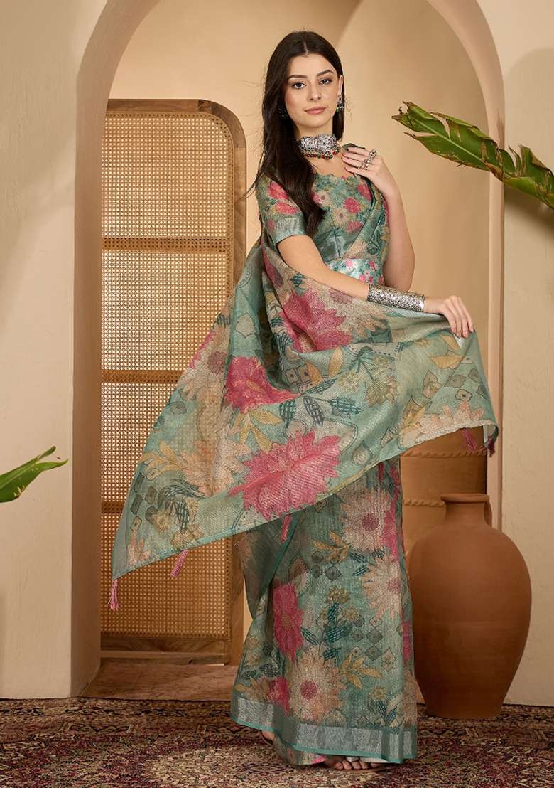 Mint Green Printed Linen Saree Set - Indya
