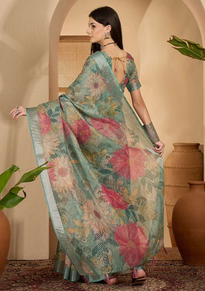 Mint Green Printed Linen Saree Set - Indya