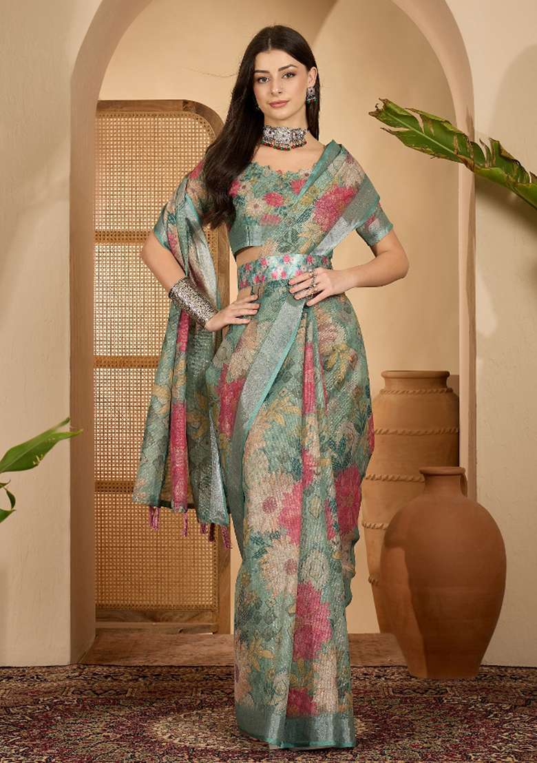 Mint Green Printed Linen Saree Set - Indya