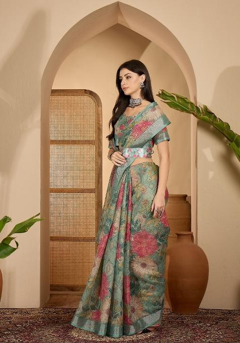 Mint Green Printed Linen Saree Set