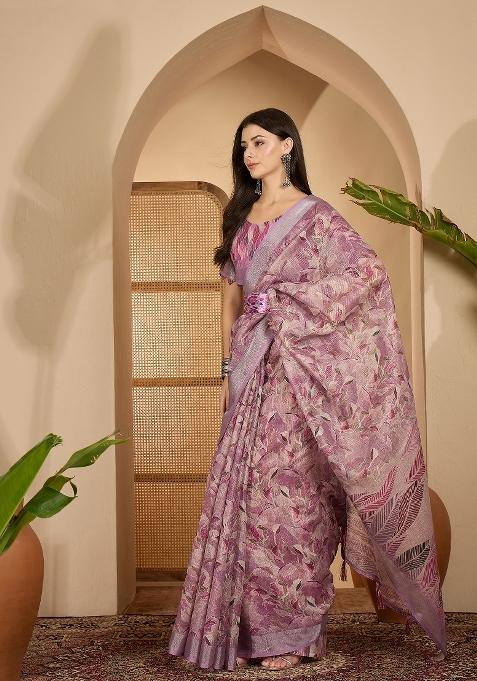 Lavender Printed Linen Saree Set