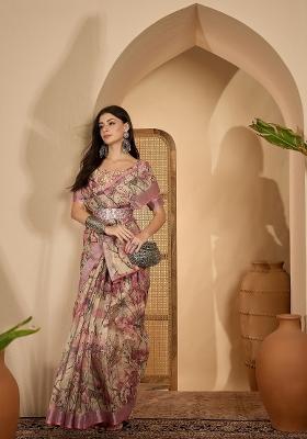 Beige Printed Linen Saree Set