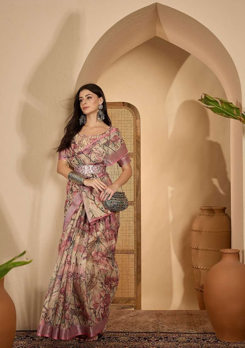 Beige Printed Linen Saree Set - Indya