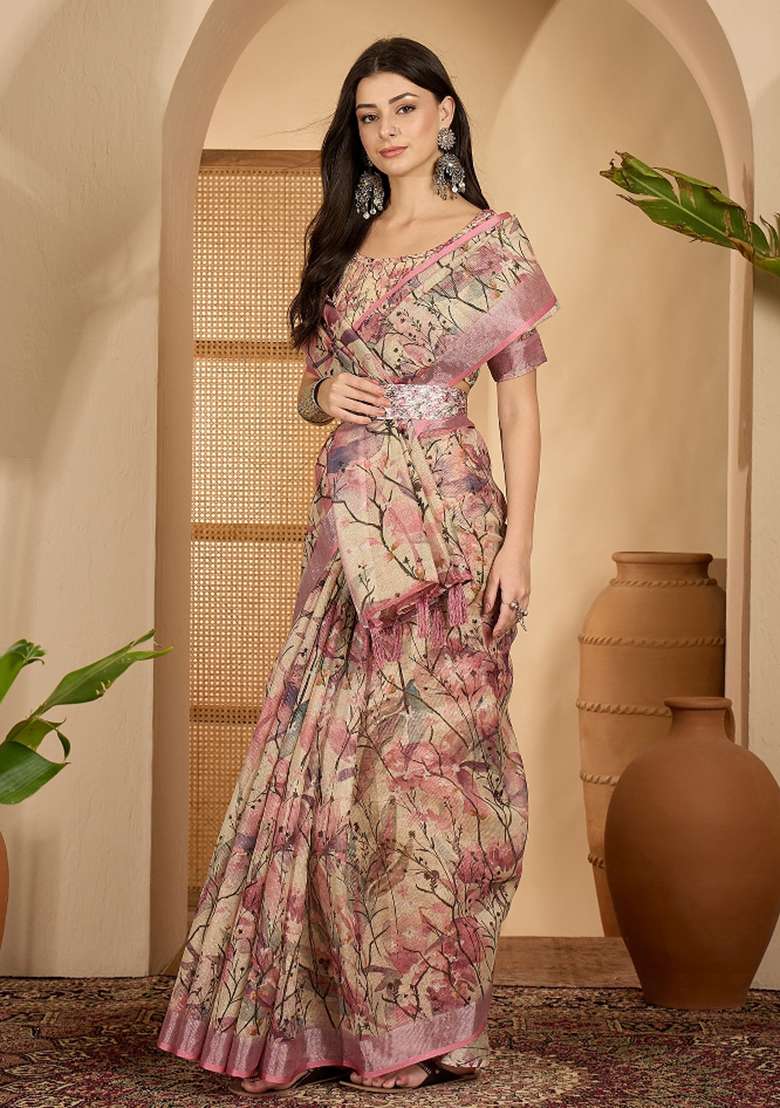 Beige Printed Linen Saree Set - Indya