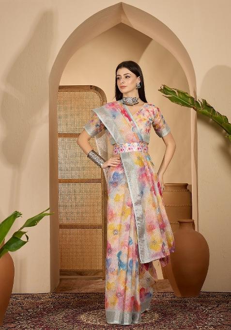 Multicolour Printed Linen Saree Set