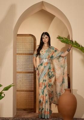 Beige Printed Linen Saree Set