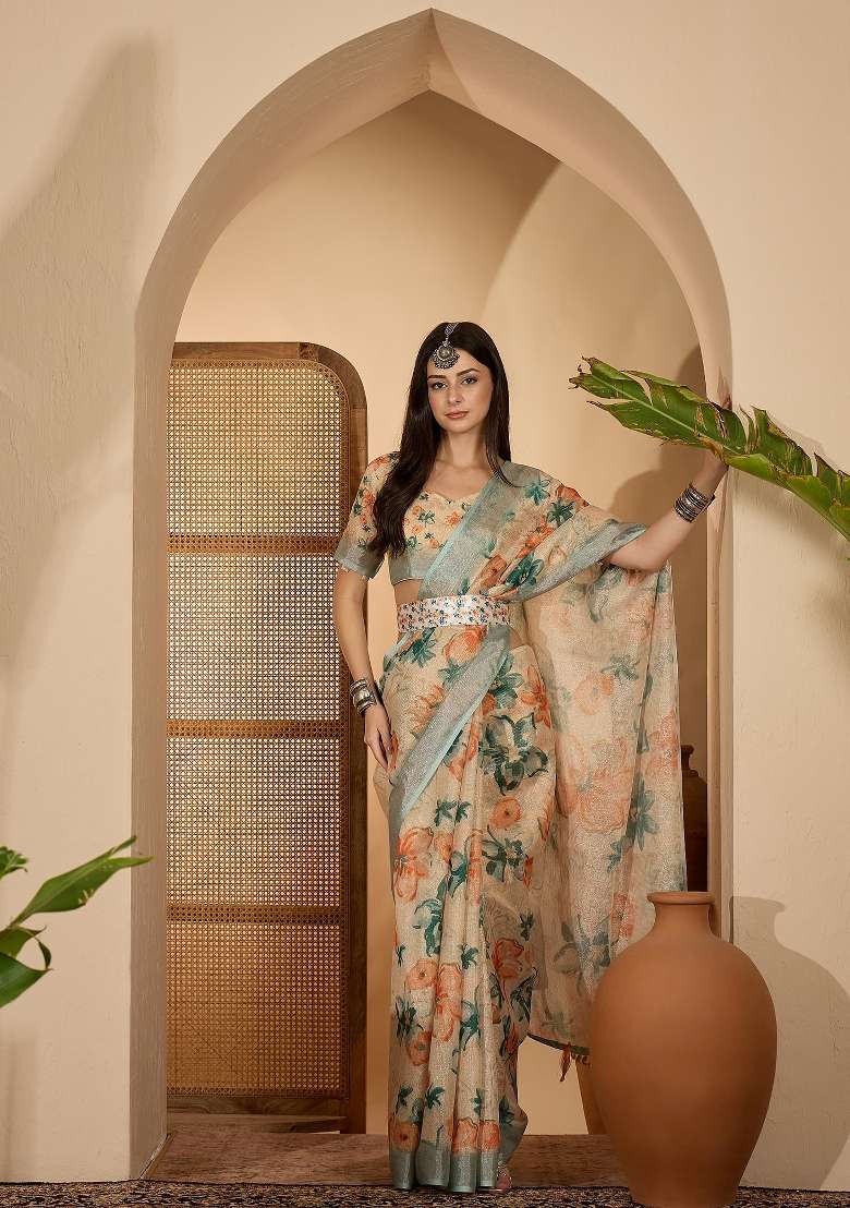 Beige Printed Linen Saree Set - Indya