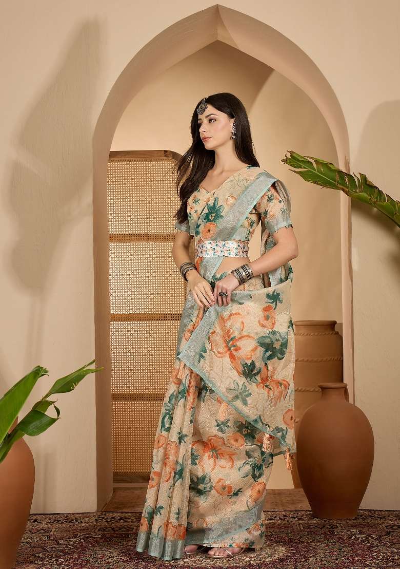 Beige Printed Linen Saree Set - Indya