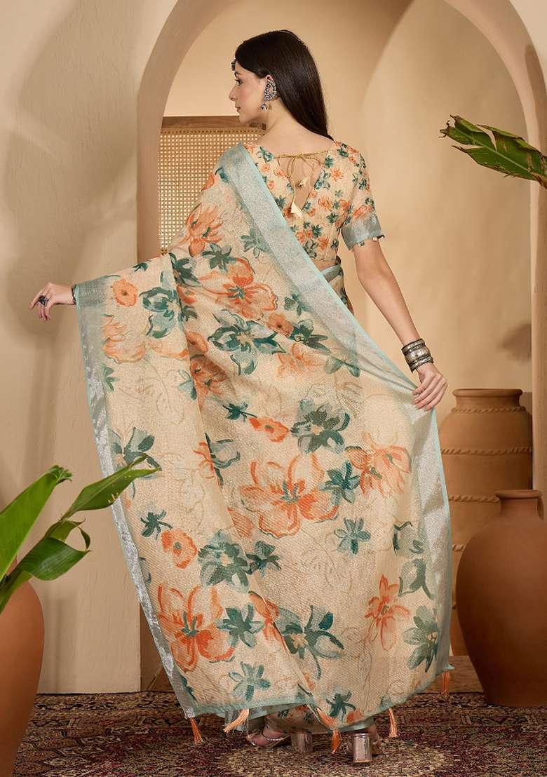 Beige Printed Linen Saree Set - Indya