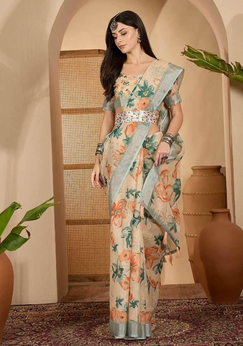 Beige Printed Linen Saree Set - Indya