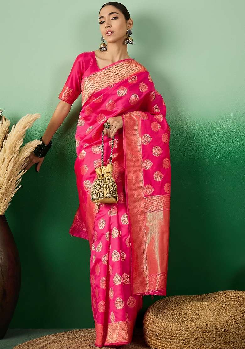 Pink Motif Silk Saree Set - Indya