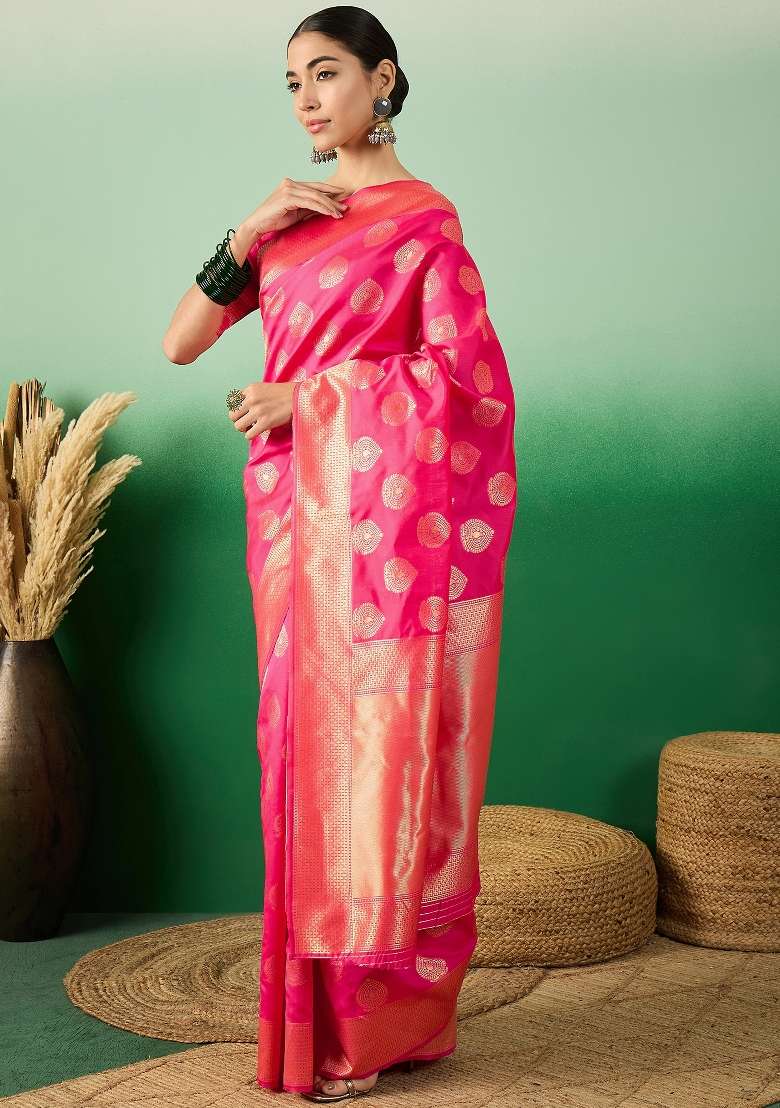 Pink Motif Silk Saree Set - Indya
