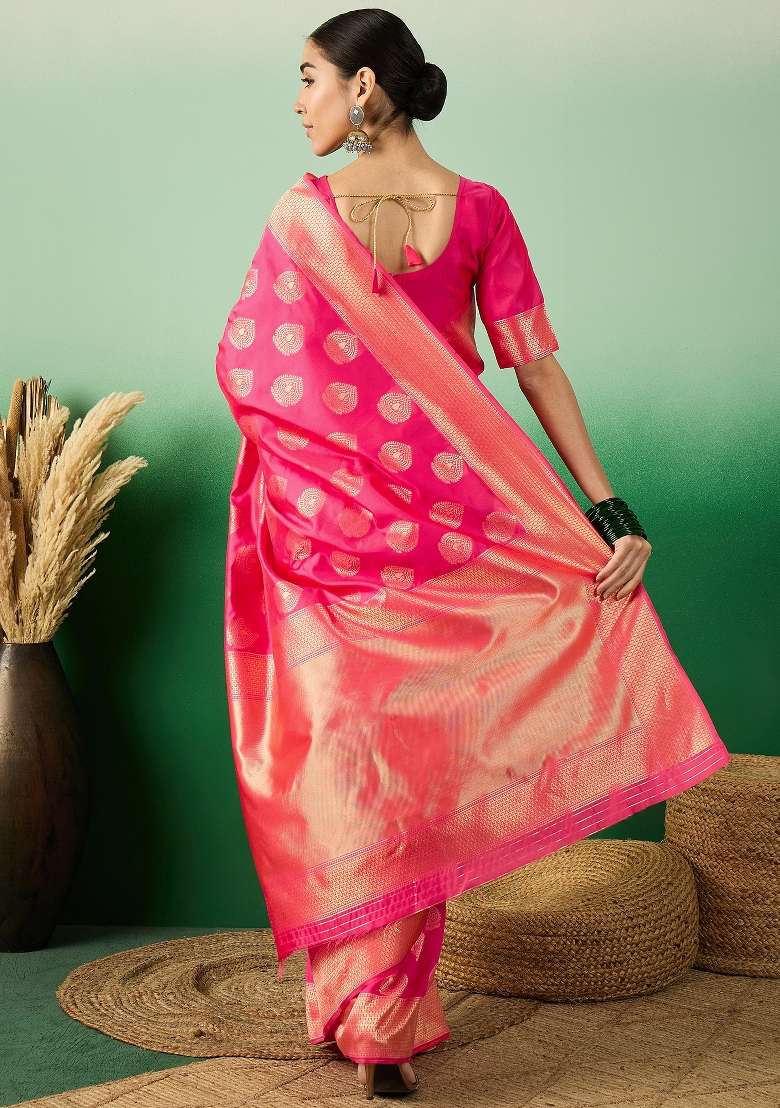 Pink Motif Silk Saree Set - Indya