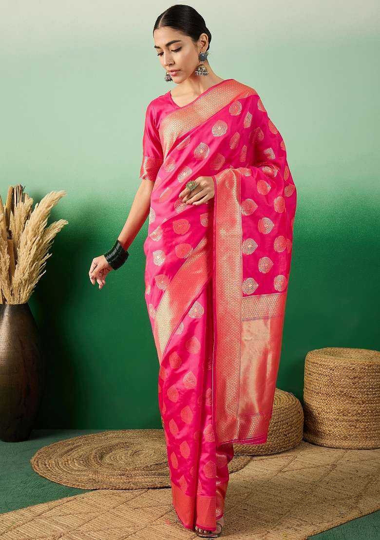 Pink Motif Silk Saree Set - Indya
