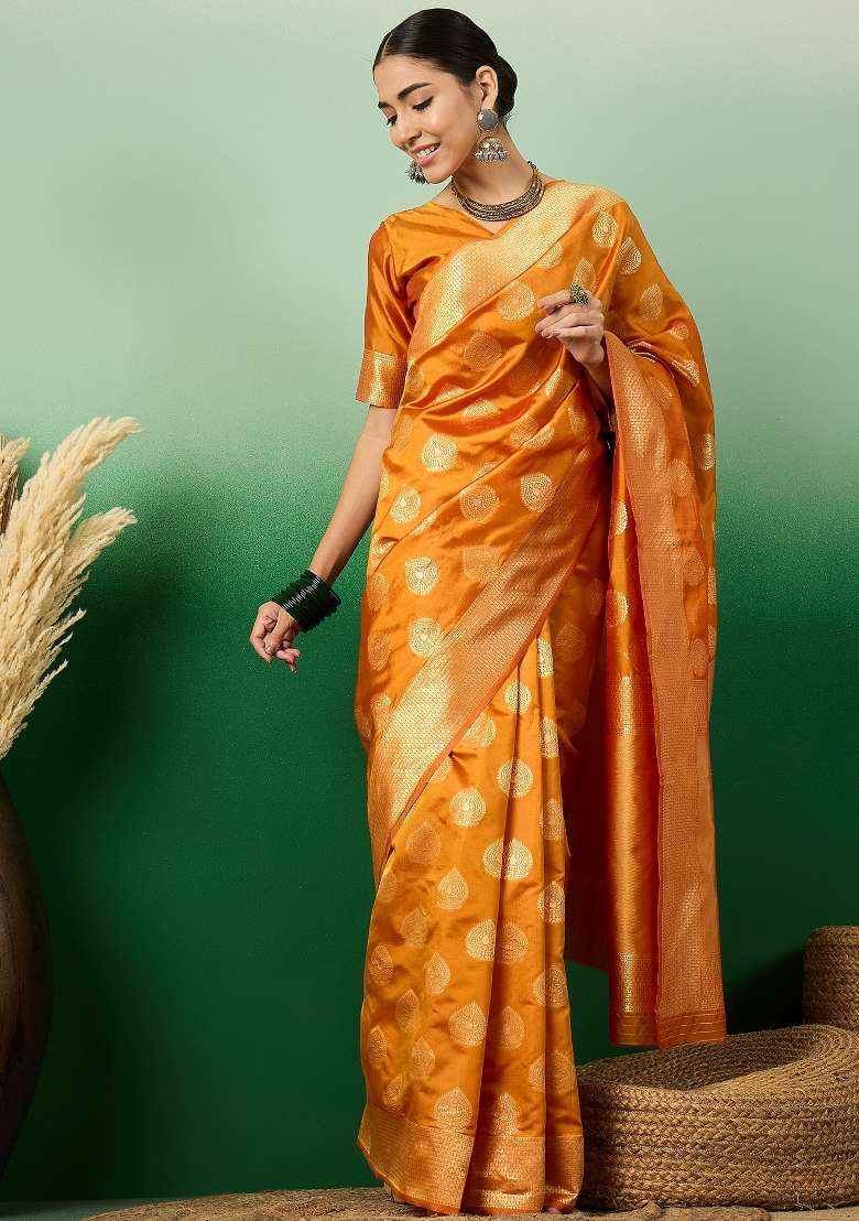Orange Motif Silk Blend Saree Set - Indya