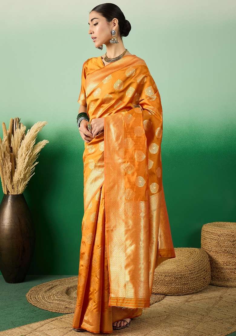 Orange Motif Silk Blend Saree Set - Indya