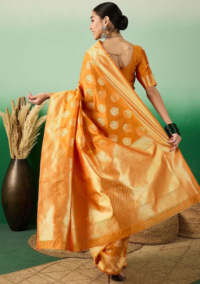 Orange Motif Silk Blend Saree Set - Indya