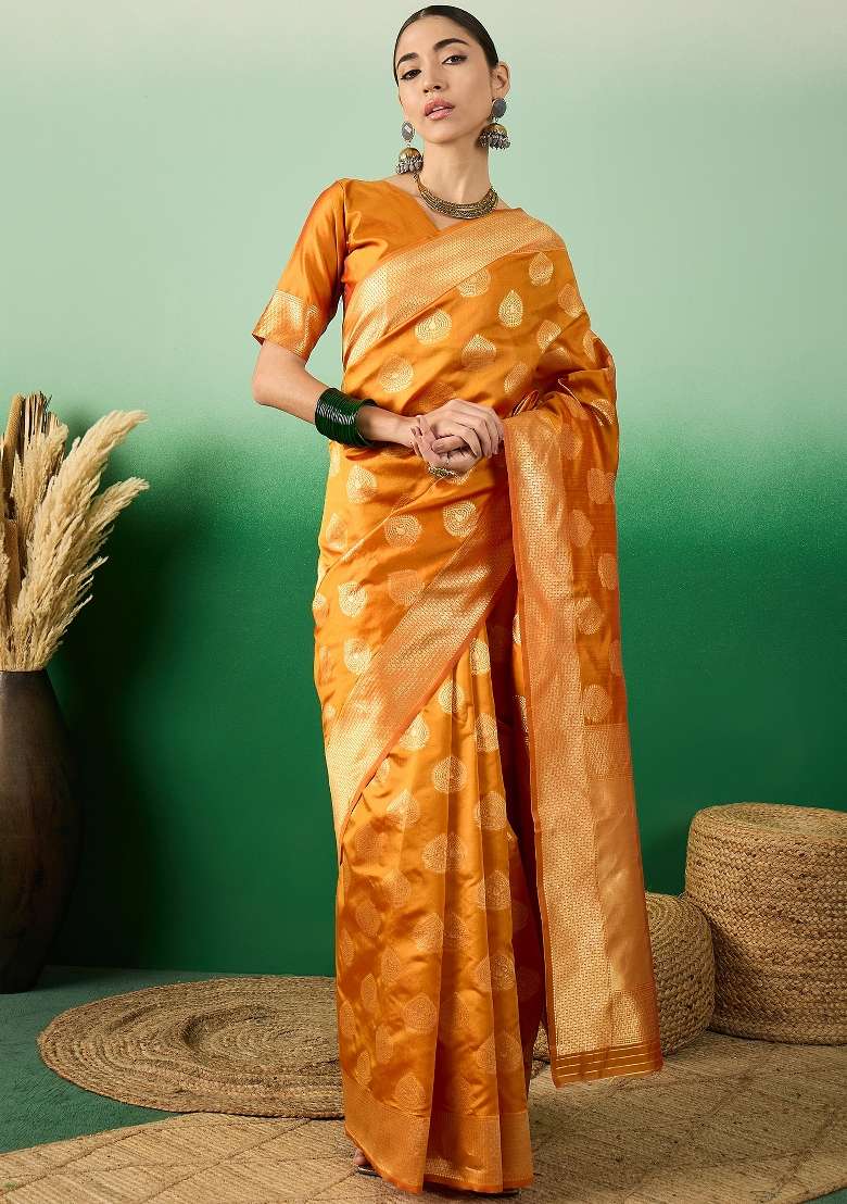 Orange Motif Silk Blend Saree Set - Indya