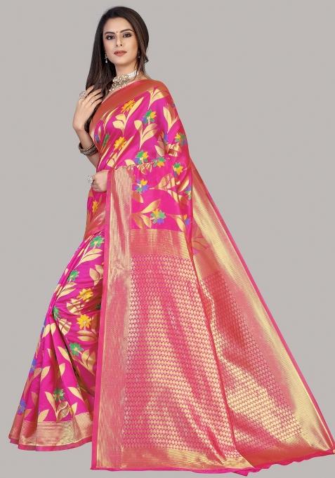 Pink Motif Cotton Saree Set