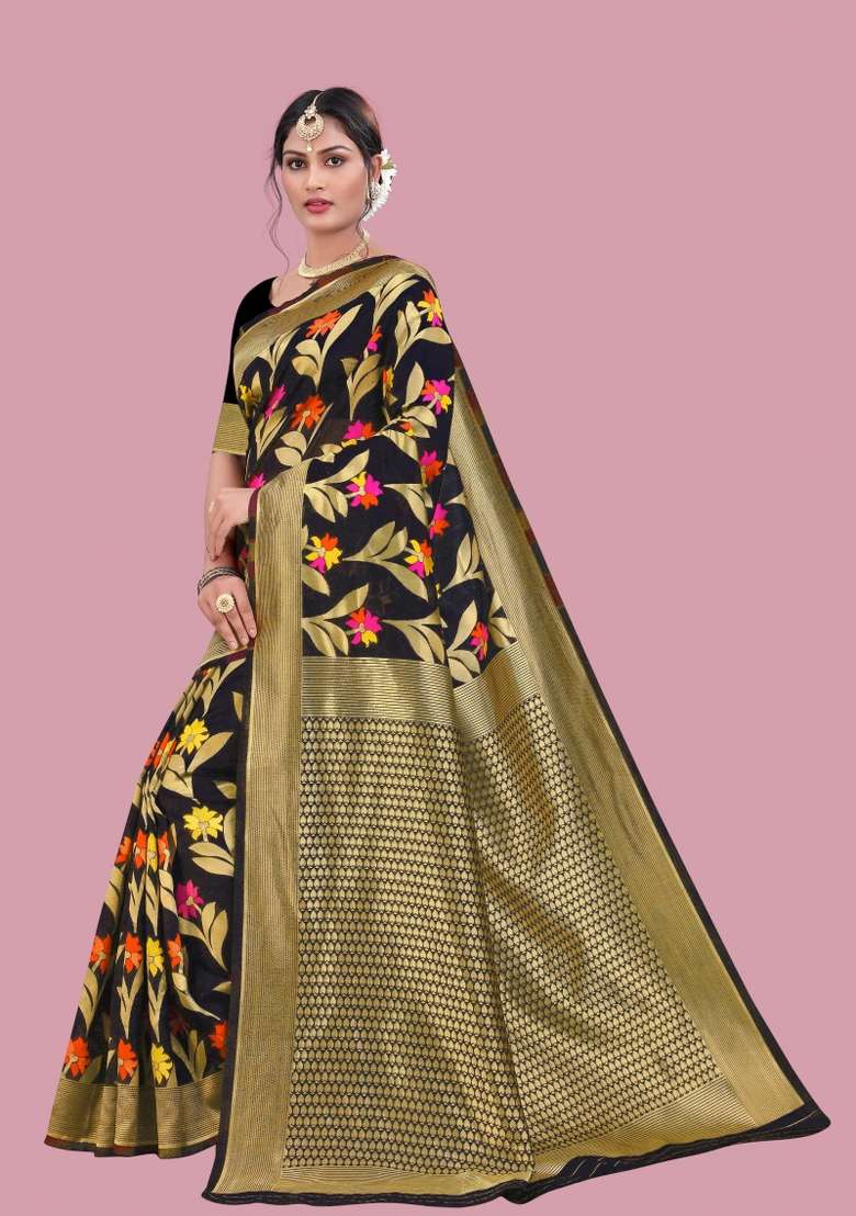 Black Motif Cotton Saree Set - Indya