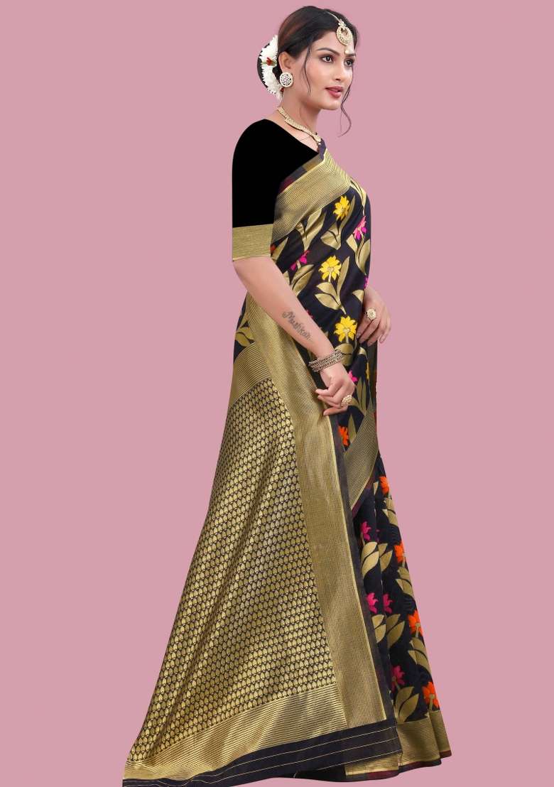 Black Motif Cotton Saree Set - Indya