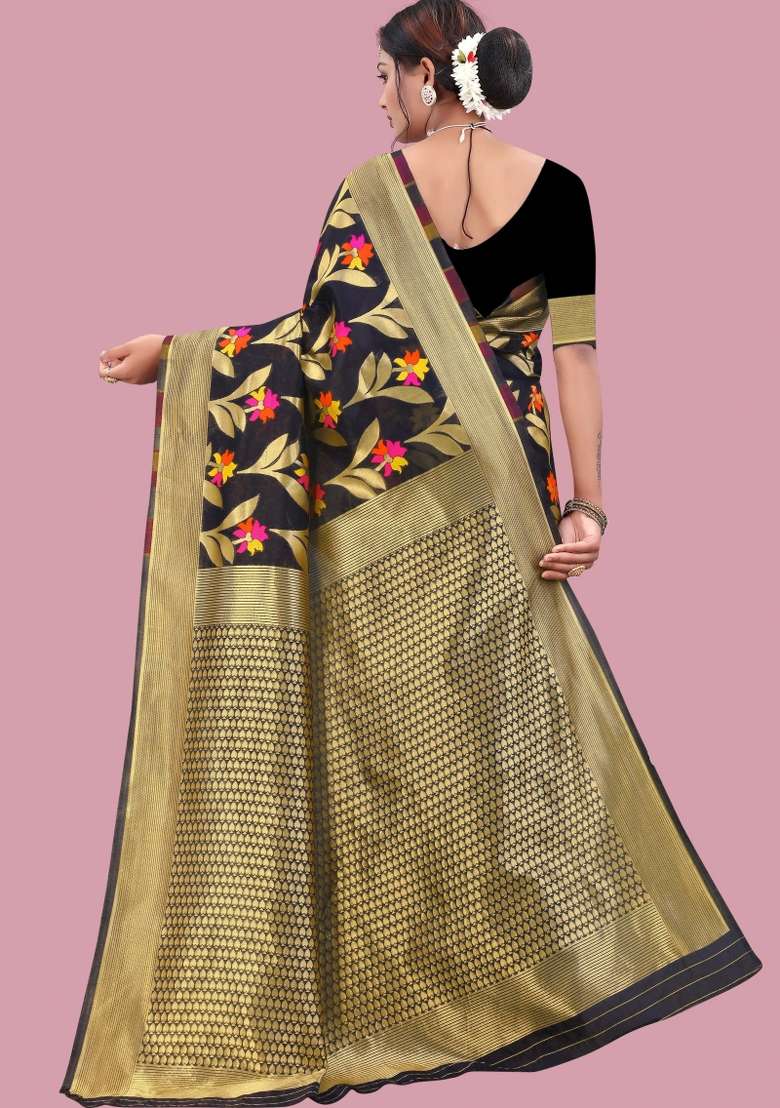 Black Motif Cotton Saree Set - Indya
