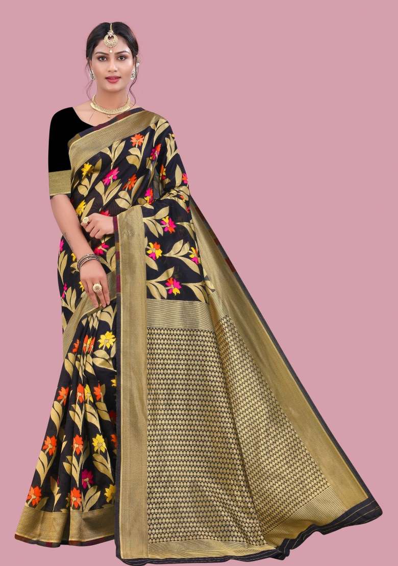 Black Motif Cotton Saree Set - Indya