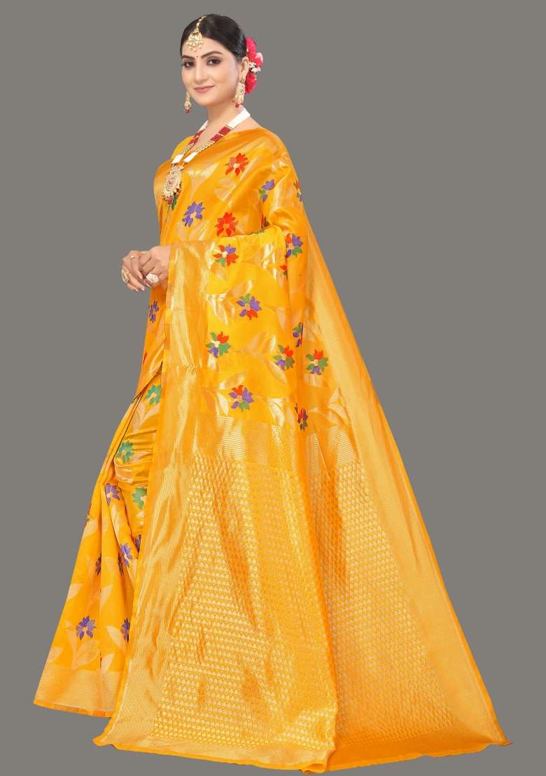 Yellow Motif Cotton Saree Set - Indya