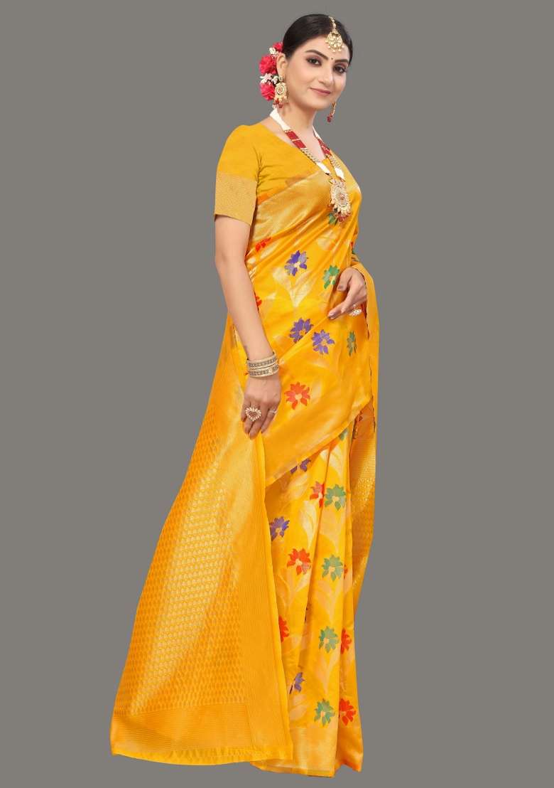 Yellow Motif Cotton Saree Set - Indya