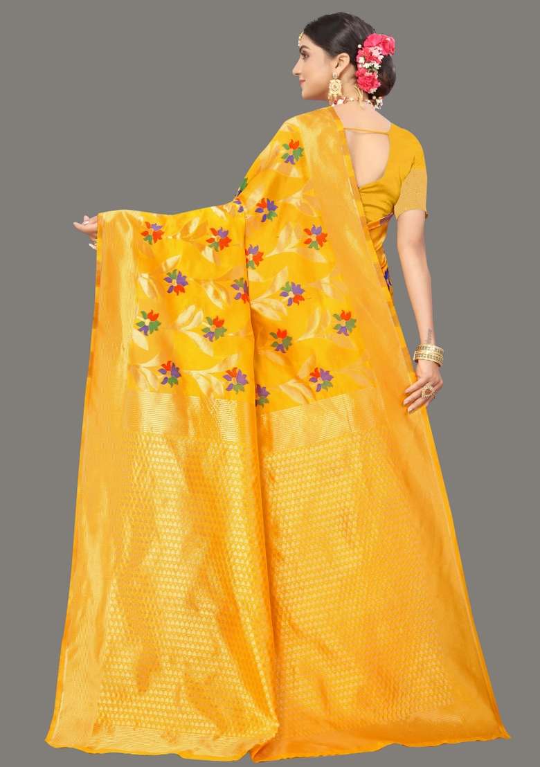 Yellow Motif Cotton Saree Set - Indya