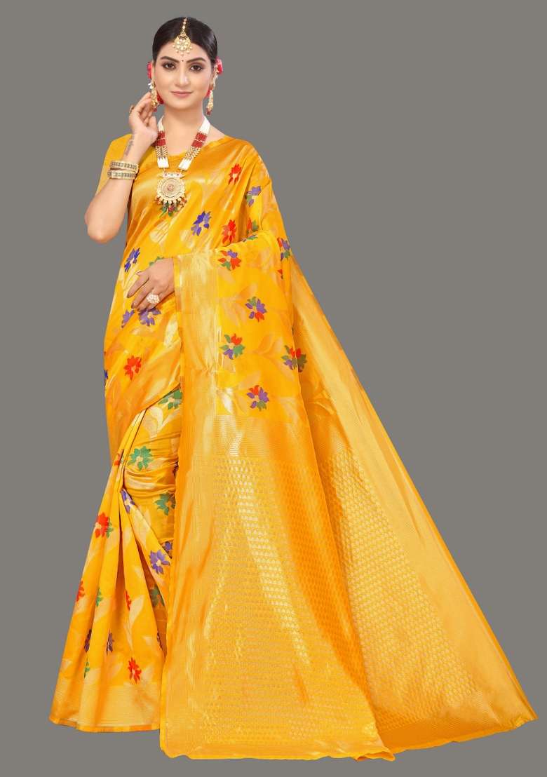 Yellow Motif Cotton Saree Set - Indya