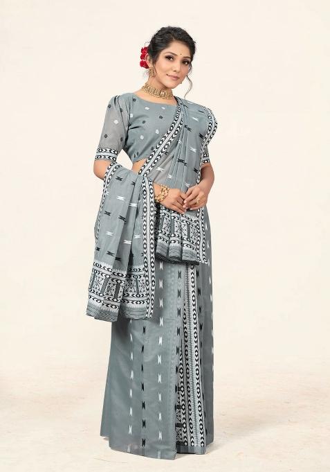 Grey Motif Cotton Saree Set