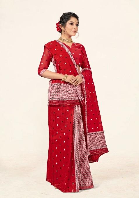 Red Motif Cotton Saree Set