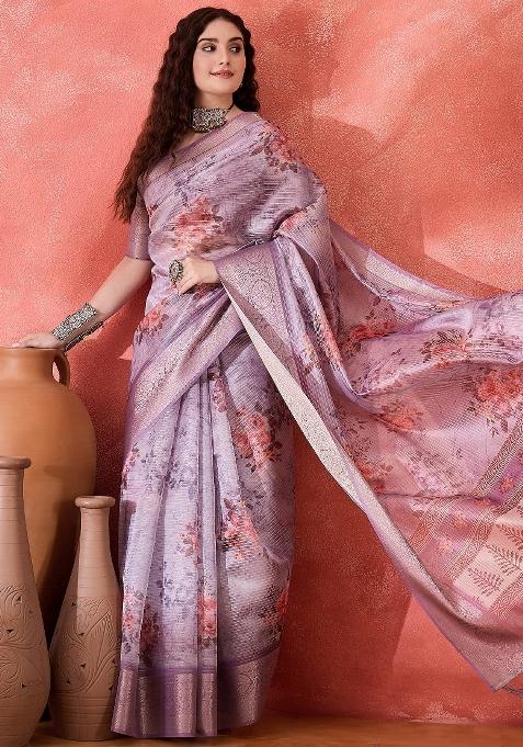 Lavender Printed Silk Saree Set