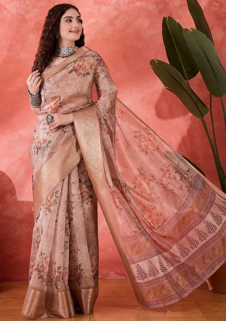 Peach Printed Silk Blend Saree Set - Indya