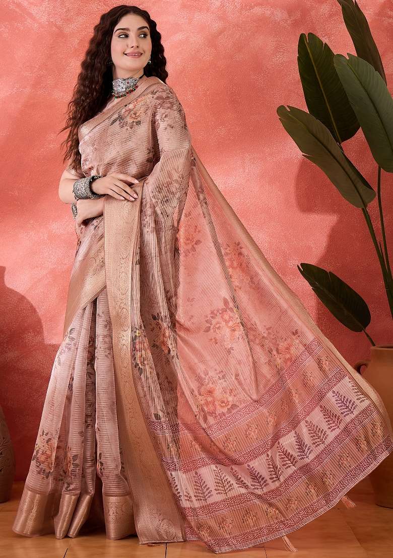 Peach Printed Silk Blend Saree Set - Indya