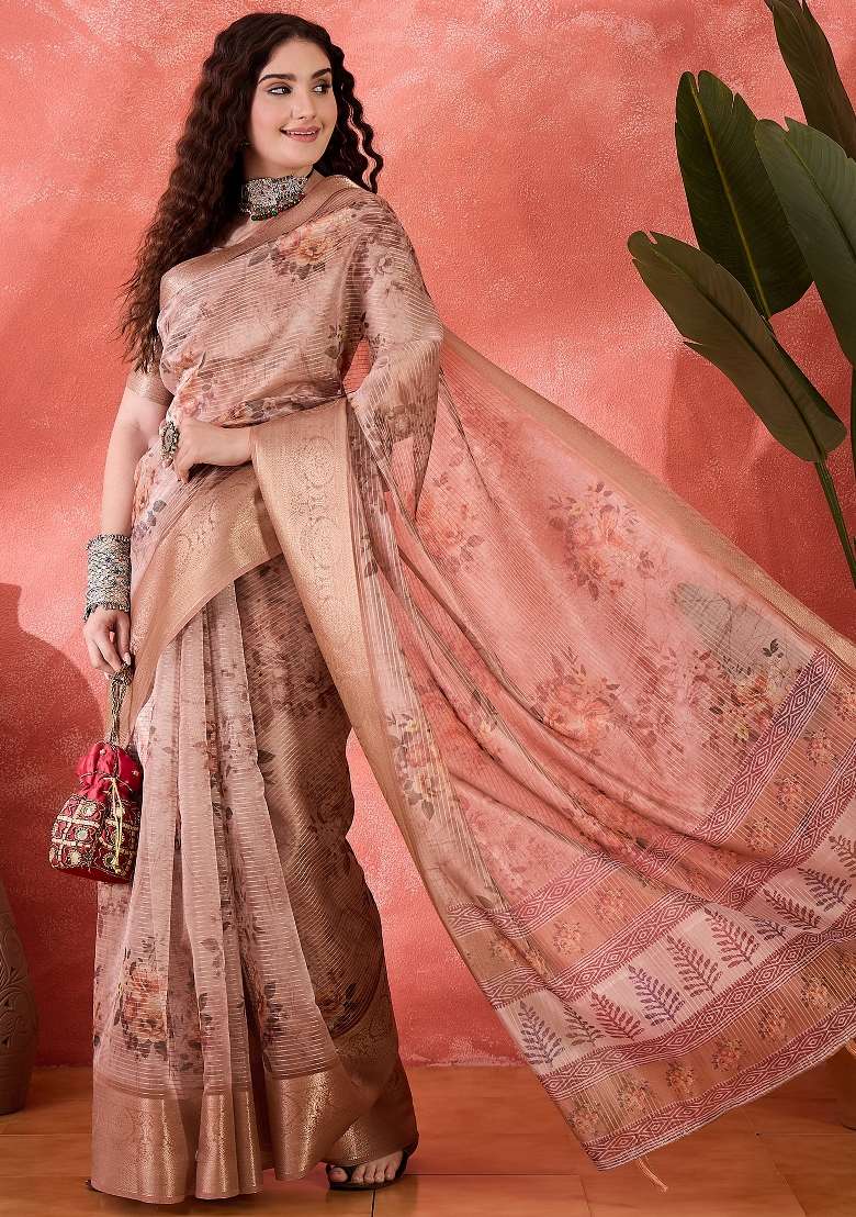 Peach Printed Silk Blend Saree Set - Indya