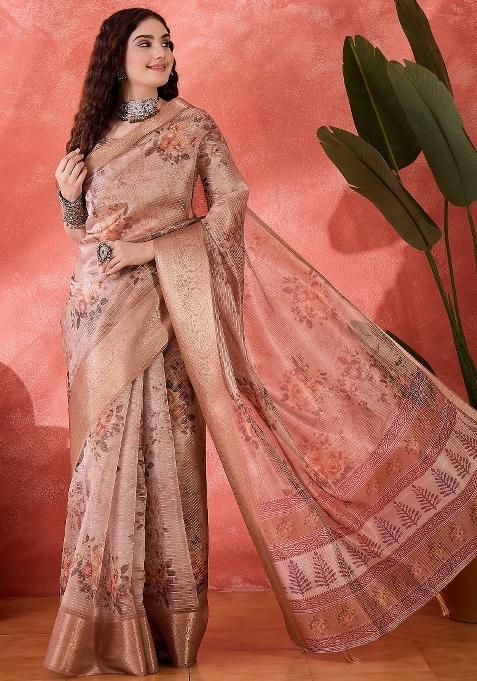 Peach Printed Silk Saree Set